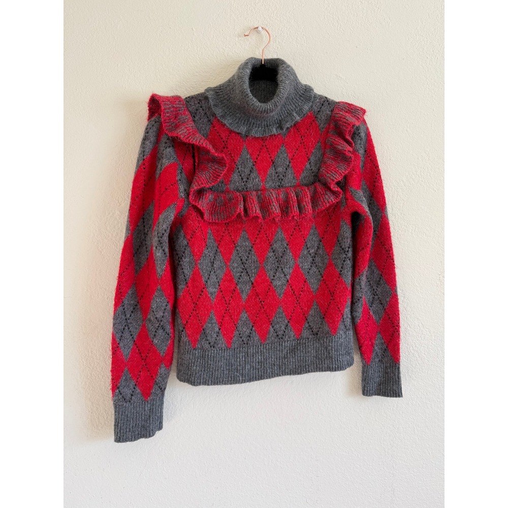 Zara Red Grey Argyle Ruffle Turtleneck Mohair Blend Sweater Medium